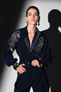 INDIGO BLUE TOP WITH GLASS BEAD HAND EMBROIDERY