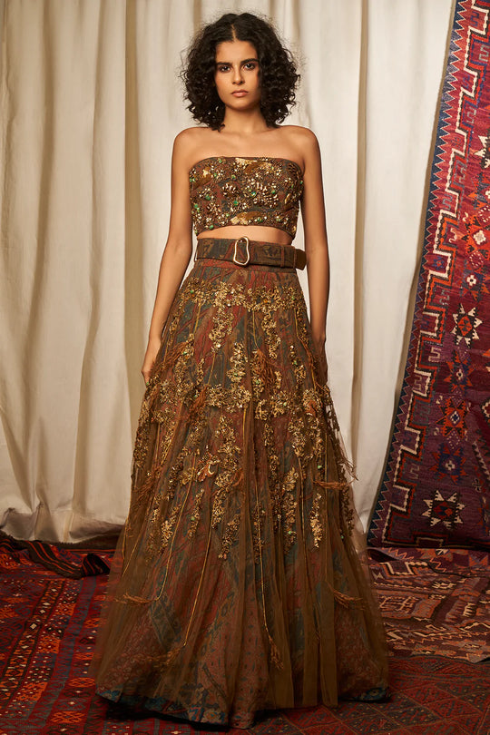 Brown Tube & Lehenga With Baroque Handwork & Belt
