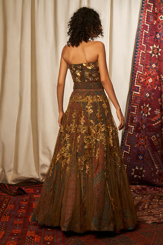 Brown Tube & Lehenga With Baroque Handwork & Belt
