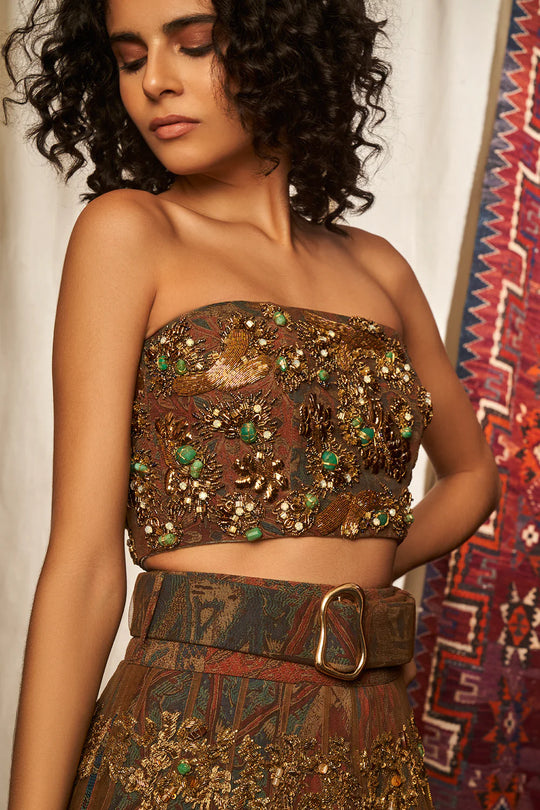 Brown Tube & Lehenga With Baroque Handwork & Belt