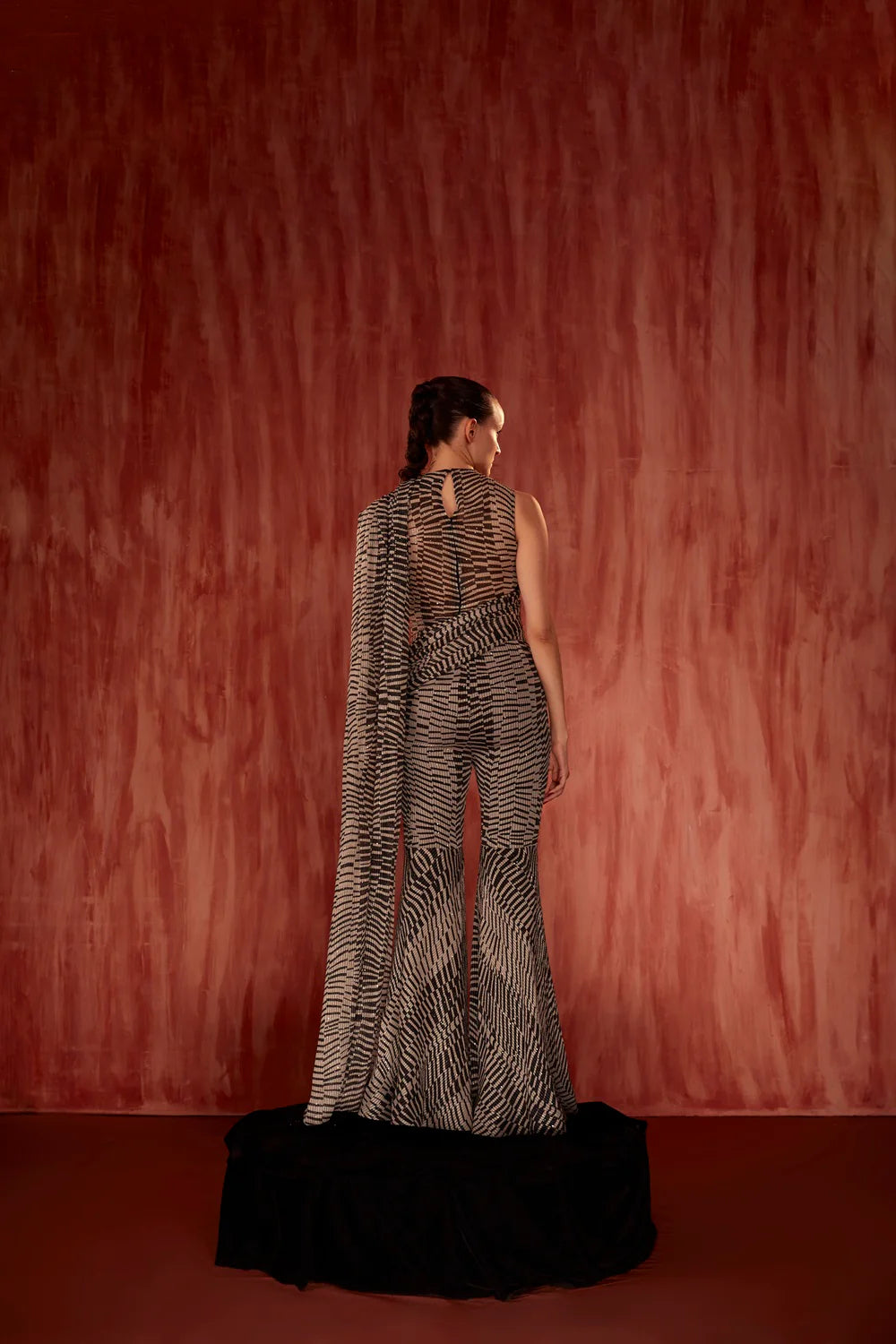 Black & White Byzantine Print Bodysuit And Pant With Attached Drape Set