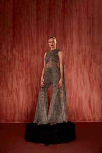 Black & White Byzantine Print Bodysuit And Pant With Attached Drape Set