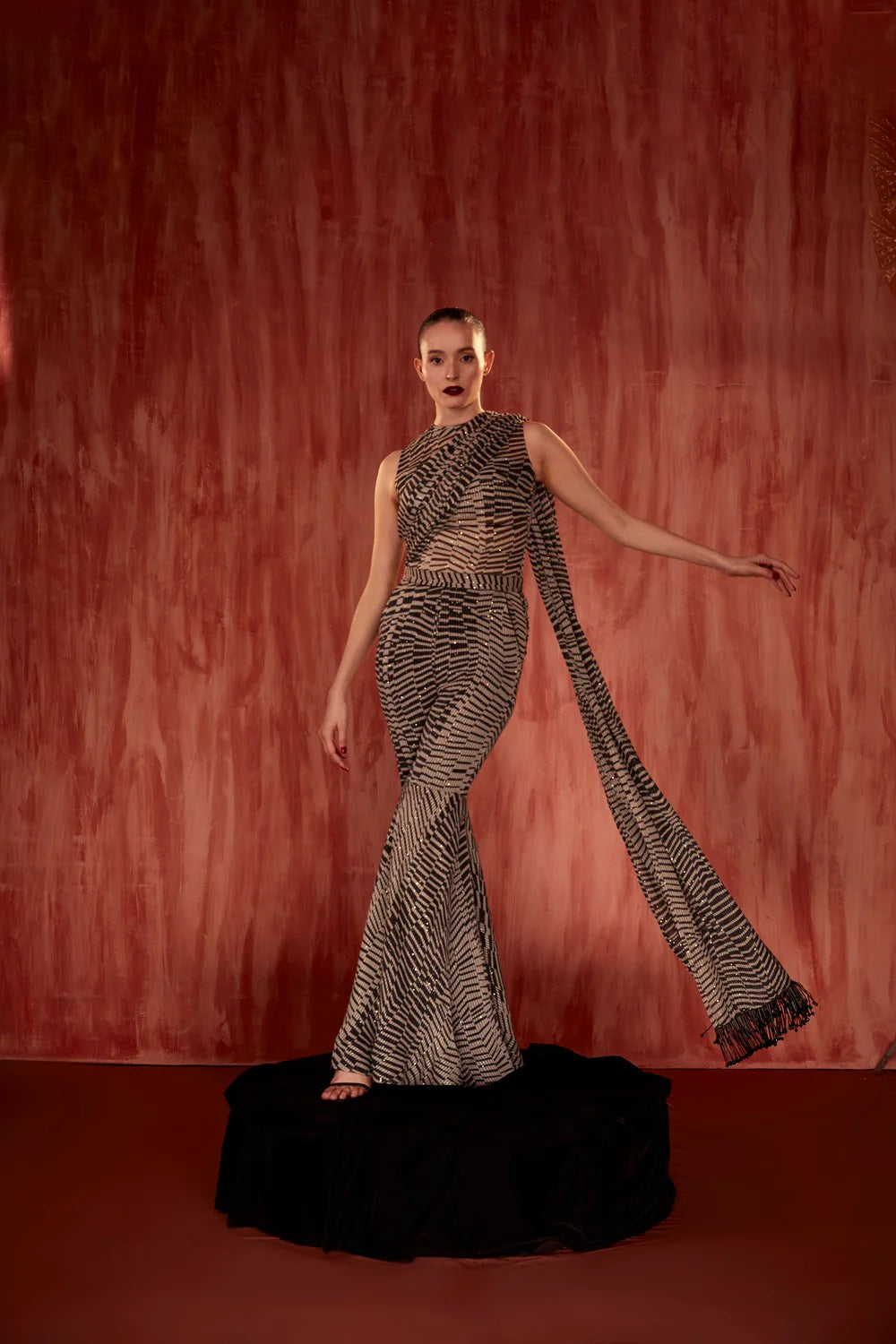 Black & White Byzantine Print Bodysuit And Pant With Attached Drape Set