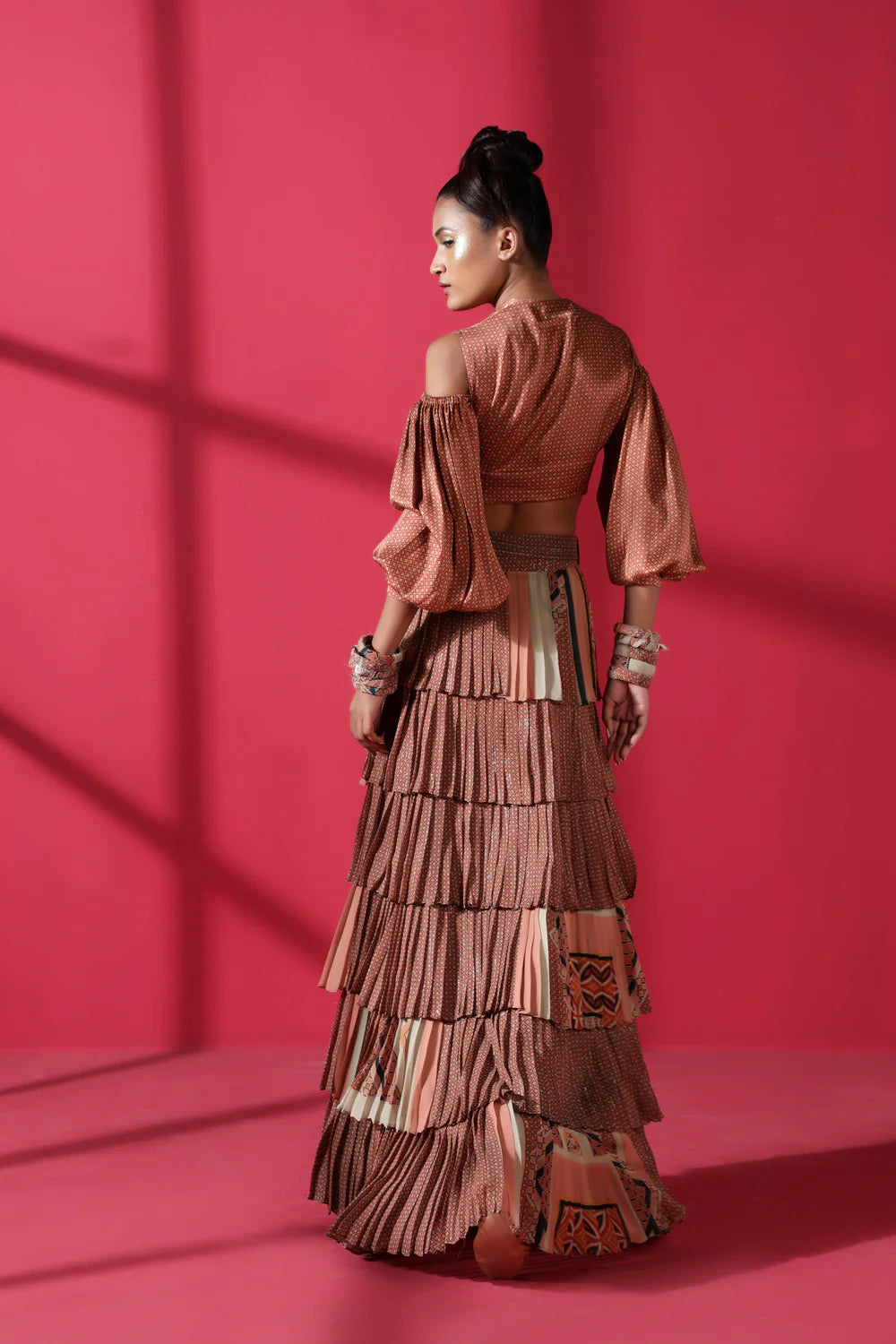 Terracotta Quatrefoil Knot Blouson And Tier Ruffle Mix Print Skirt