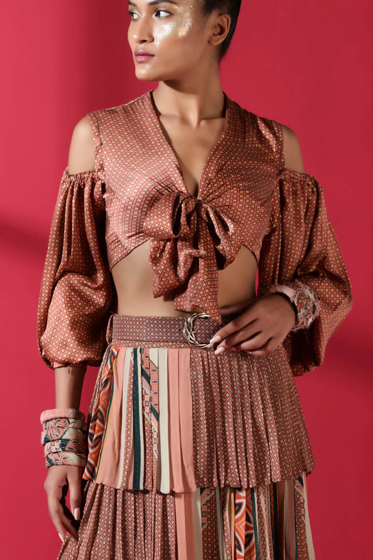 Terracotta Quatrefoil Knot Blouson And Tier Ruffle Mix Print Skirt