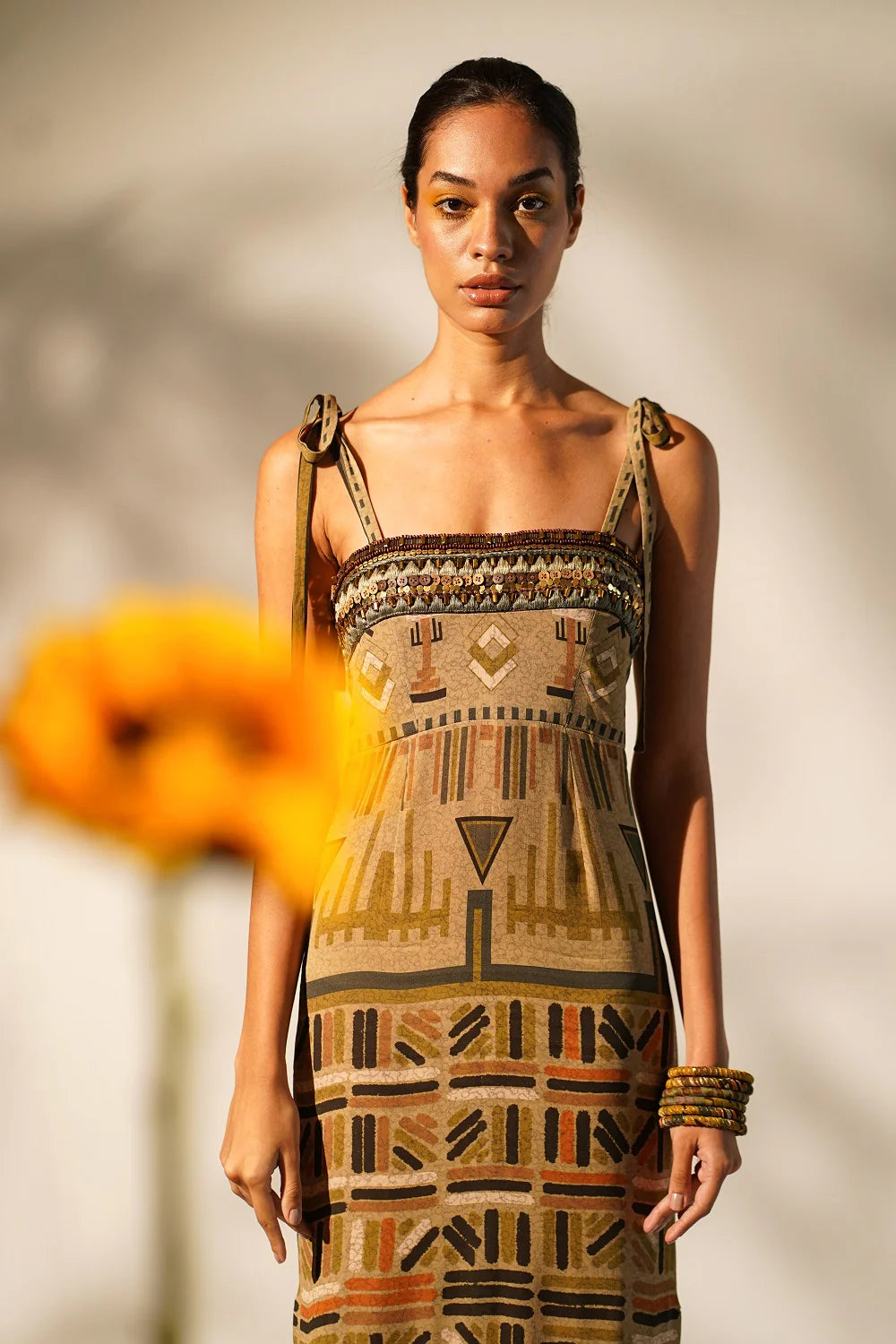 Green Aztec Print Tube Dress With Hand Thread And Wooden Embellishment