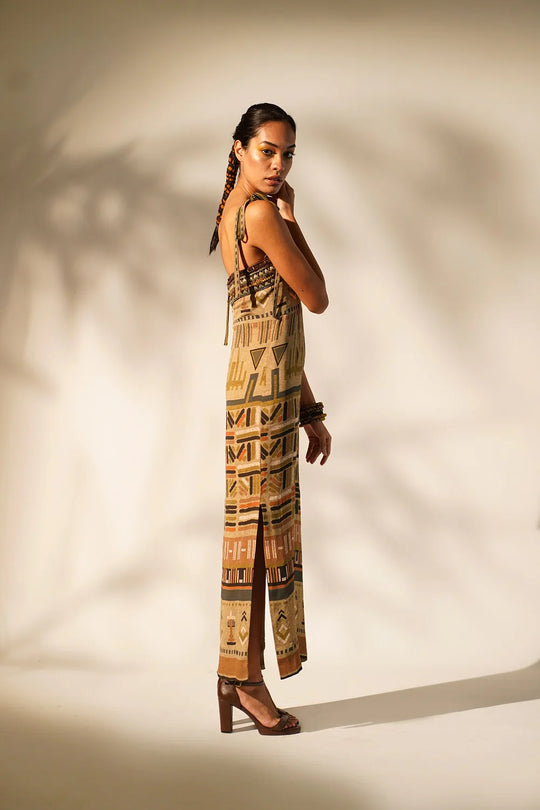 Green Aztec Print Tube Dress With Hand Thread And Wooden Embellishment