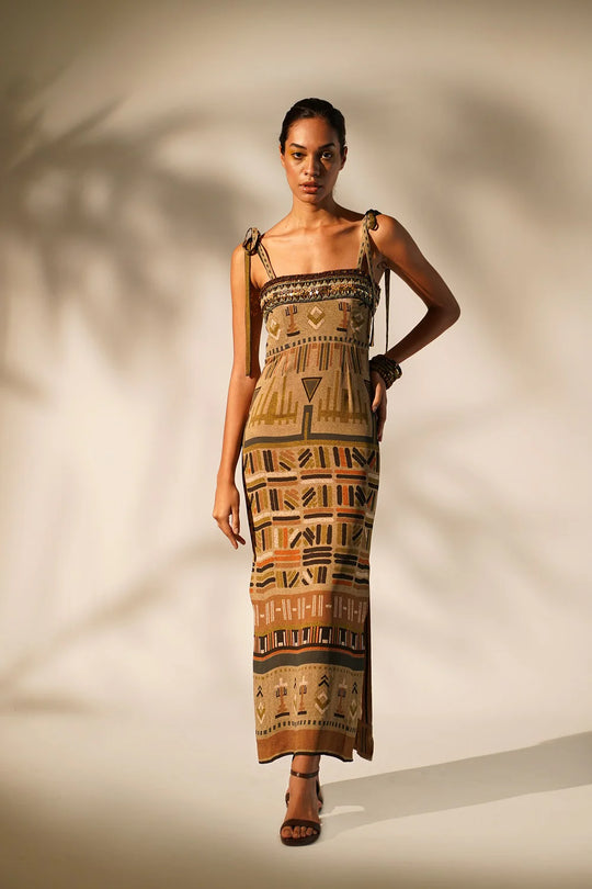 Green Aztec Print Tube Dress With Hand Thread And Wooden Embellishment