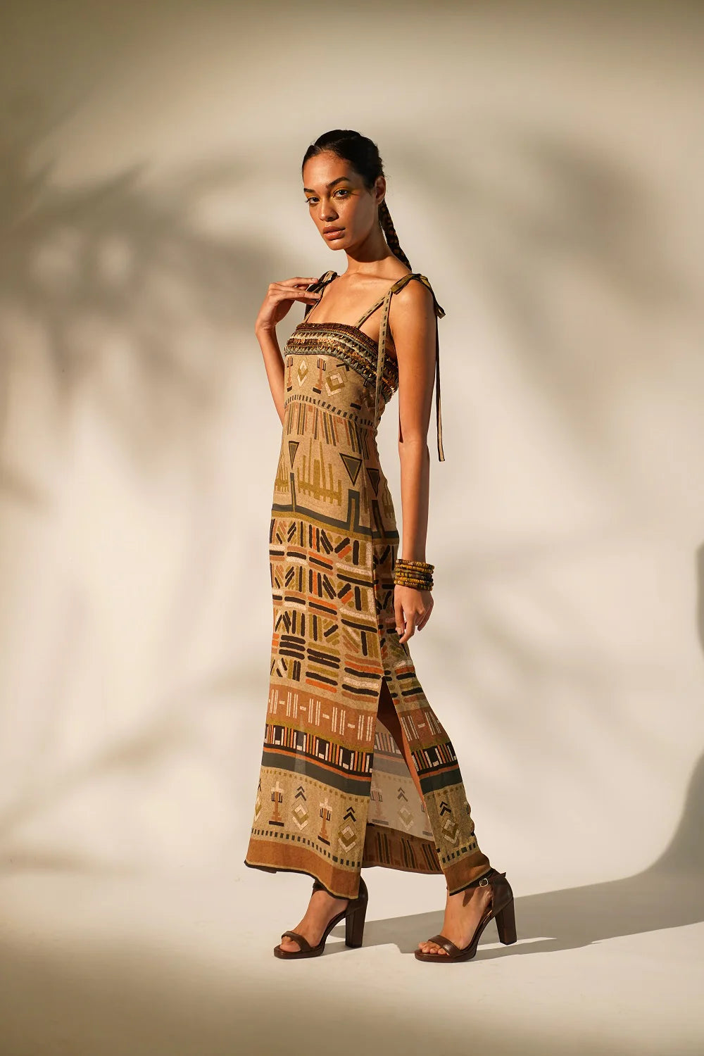 Green Aztec Print Tube Dress With Hand Thread And Wooden Embellishment