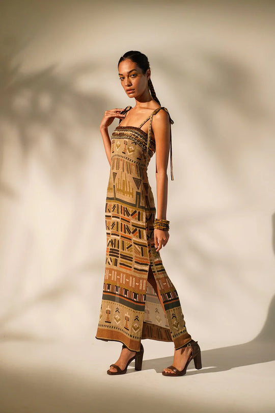 Green Aztec Print Tube Dress With Hand Thread And Wooden Embellishment