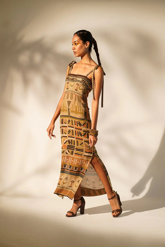 Green Aztec Print Tube Dress With Hand Thread And Wooden Embellishment