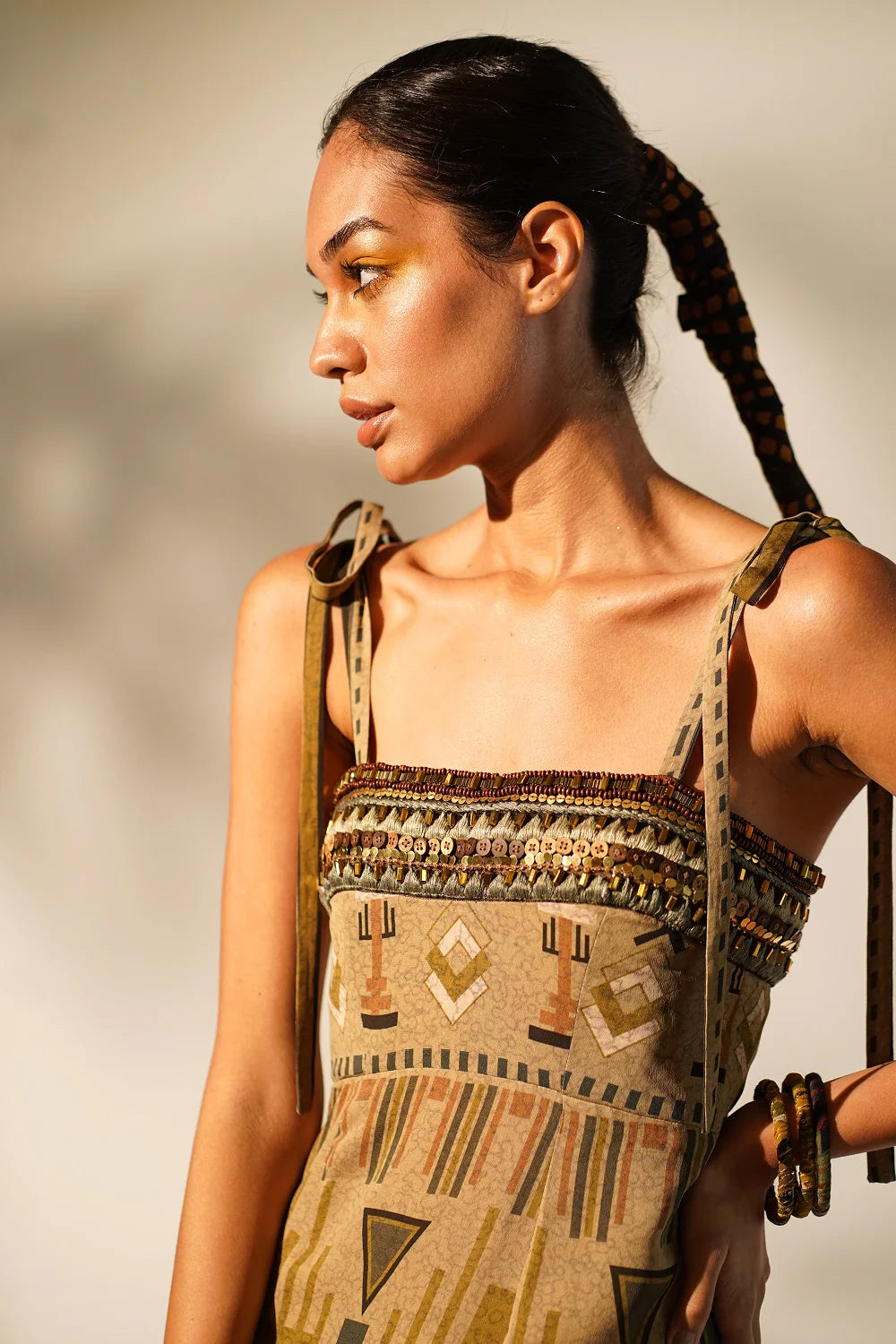 Green Aztec Print Tube Dress With Hand Thread And Wooden Embellishment