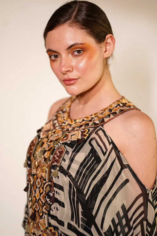 White Base Abstract Print Kaftan With Hand Thread And Wooden Embellishment