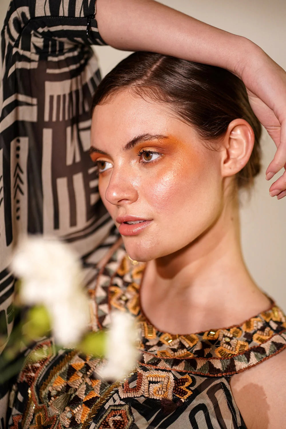 White Base Abstract Print Kaftan With Hand Thread And Wooden Embellishment