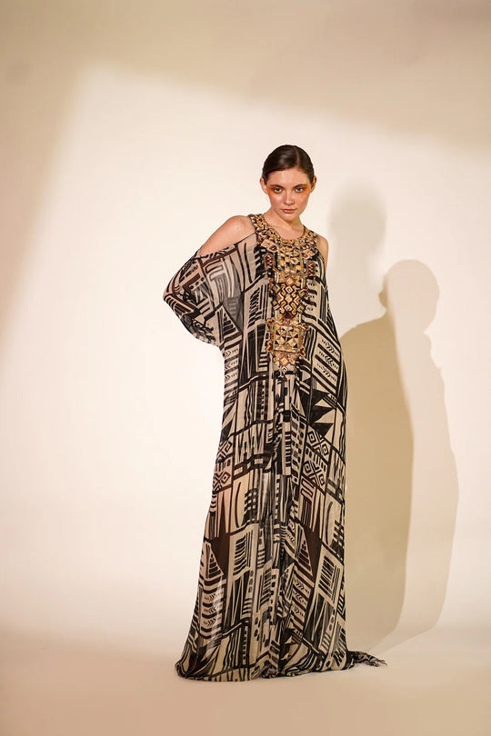 White Base Abstract Print Kaftan With Hand Thread And Wooden Embellishment