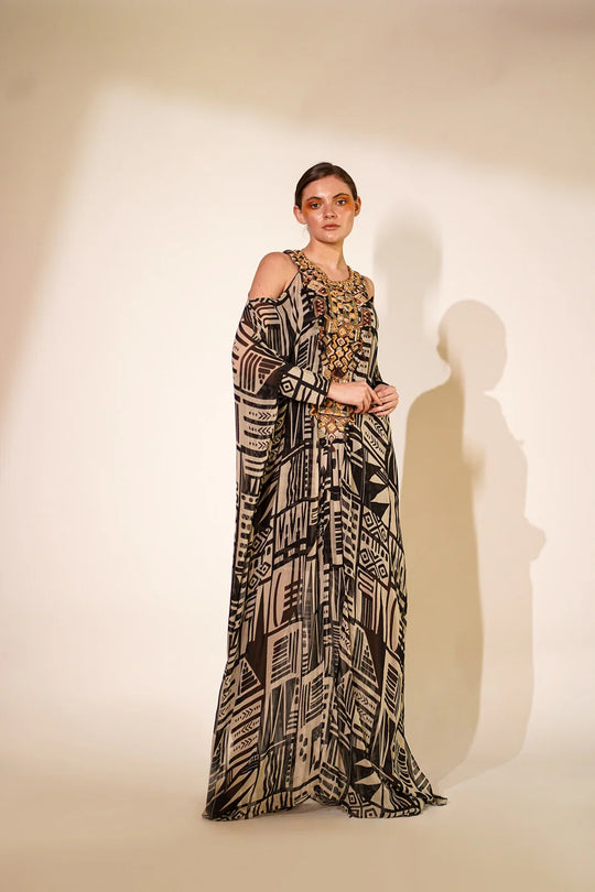 White Base Abstract Print Kaftan With Hand Thread And Wooden Embellishment