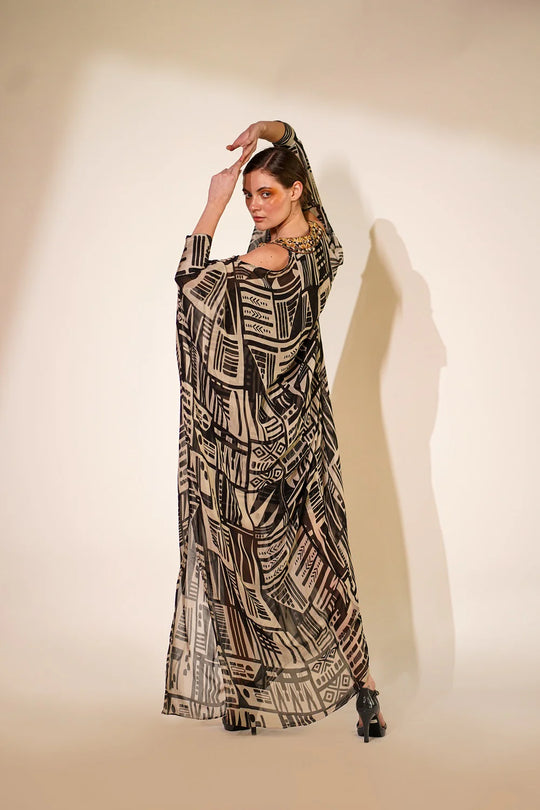 White Base Abstract Print Kaftan With Hand Thread And Wooden Embellishment