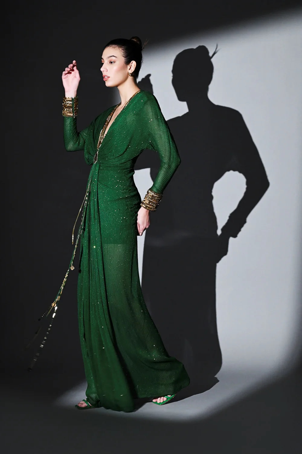 Emerald Draped Dress With Gold Hand Embroidery