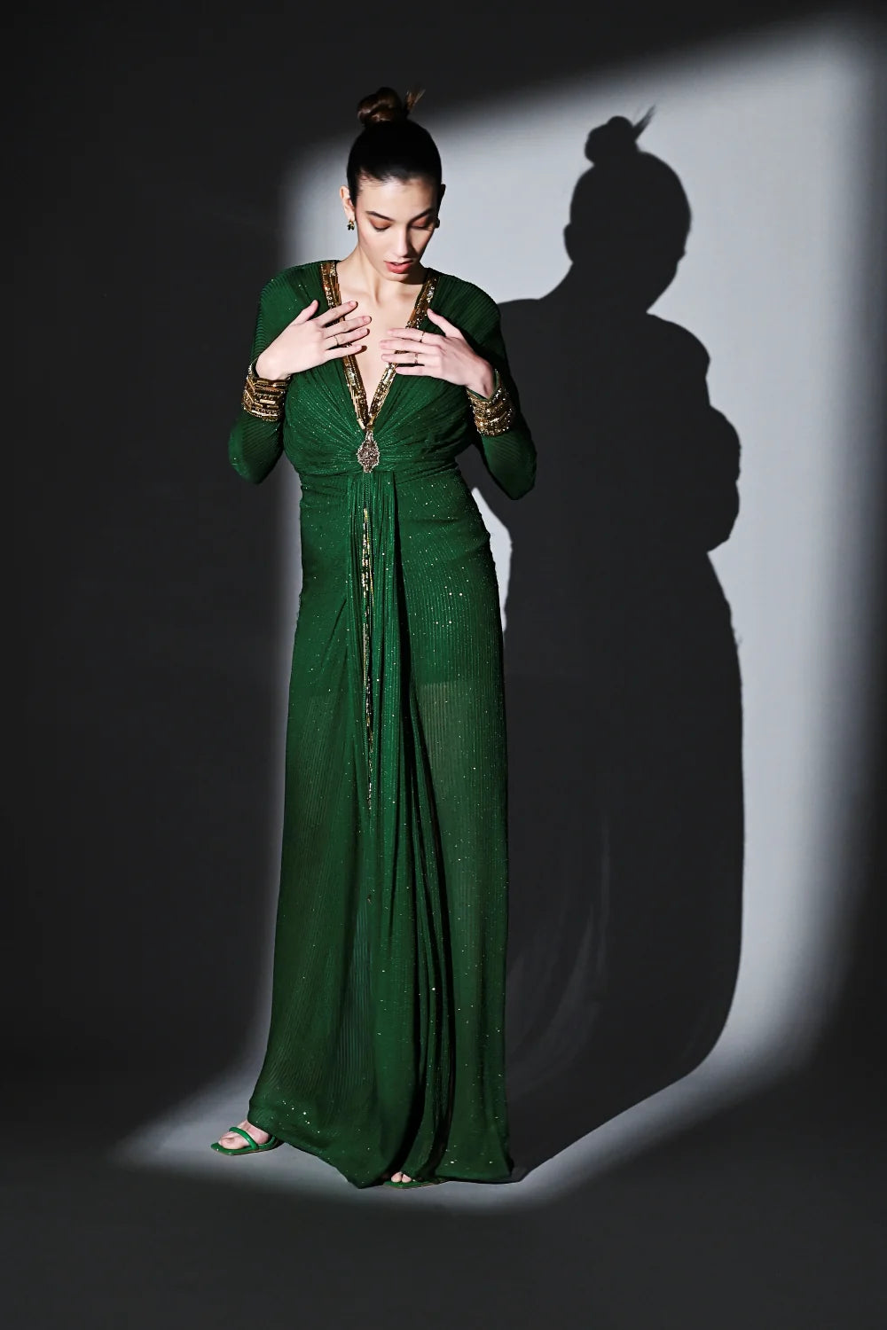 Emerald Draped Dress With Gold Hand Embroidery