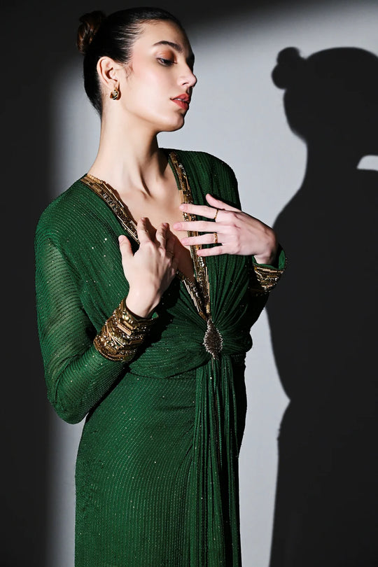 Emerald Draped Dress With Gold Hand Embroidery