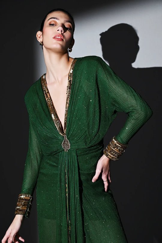 Emerald Draped Dress With Gold Hand Embroidery