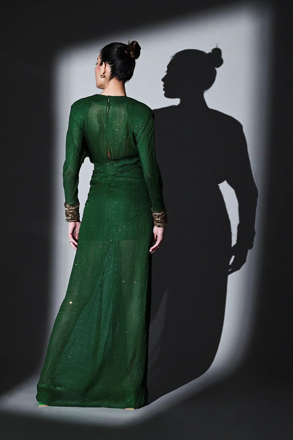 Emerald Draped Dress With Gold Hand Embroidery