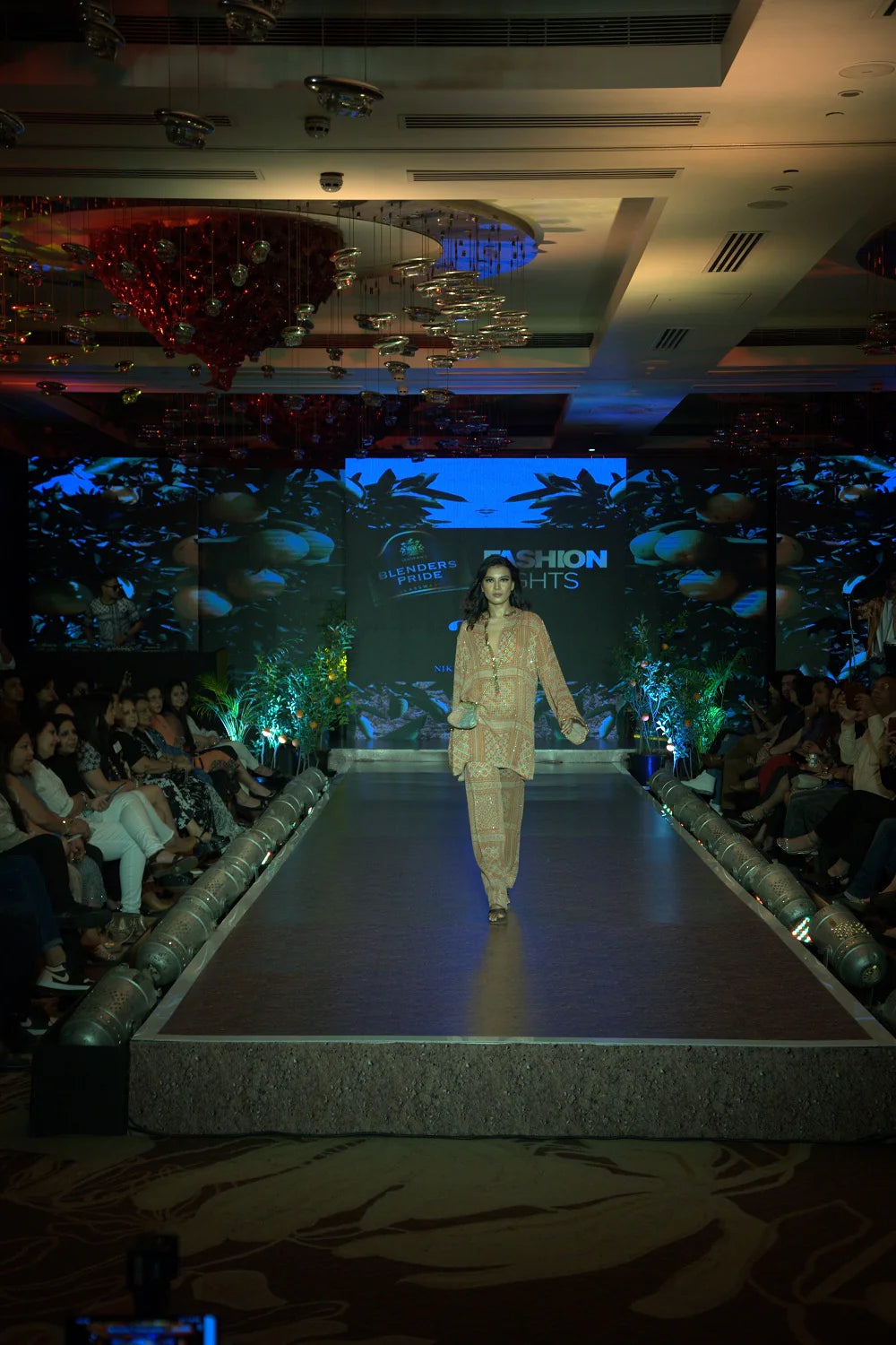 Tangerine Tribal Print Sequin Short Kurta & Pants With Antique Gold Embroidery