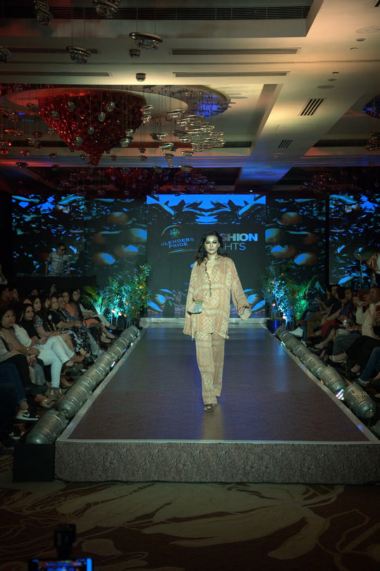 Tangerine Tribal Print Sequin Short Kurta & Pants With Antique Gold Embroidery