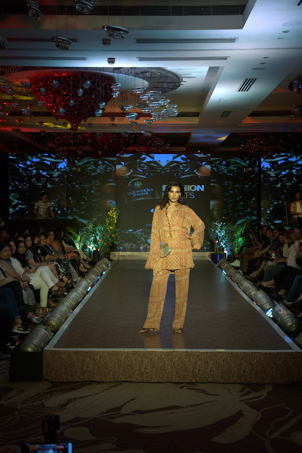 Tangerine Tribal Print Sequin Short Kurta & Pants With Antique Gold Embroidery