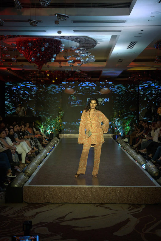 Tangerine Tribal Print Sequin Short Kurta & Pants With Antique Gold Embroidery