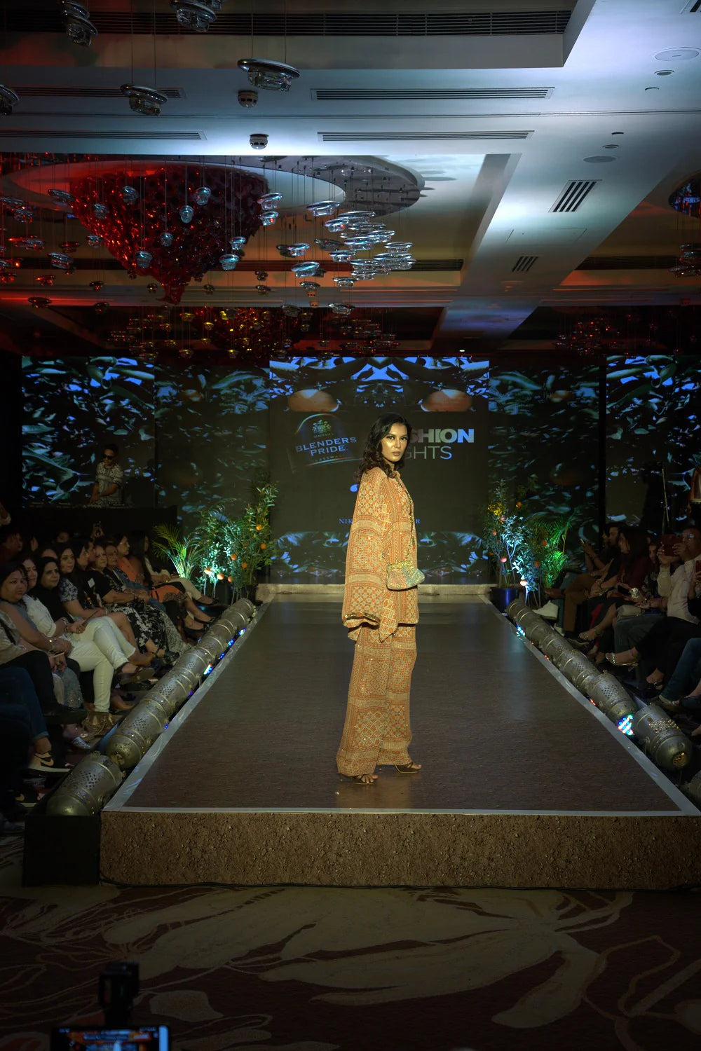 Tangerine Tribal Print Sequin Short Kurta & Pants With Antique Gold Embroidery