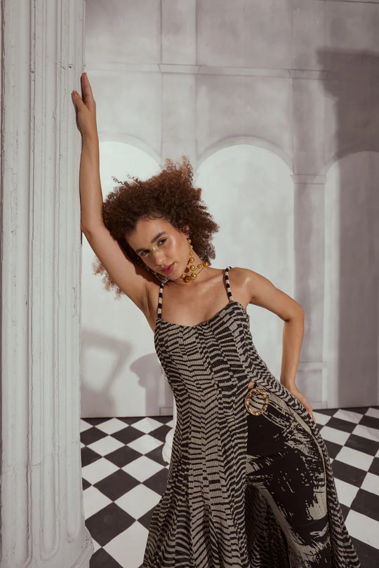 Black & White Byzantine Print Pant With Gold Buckle Belt