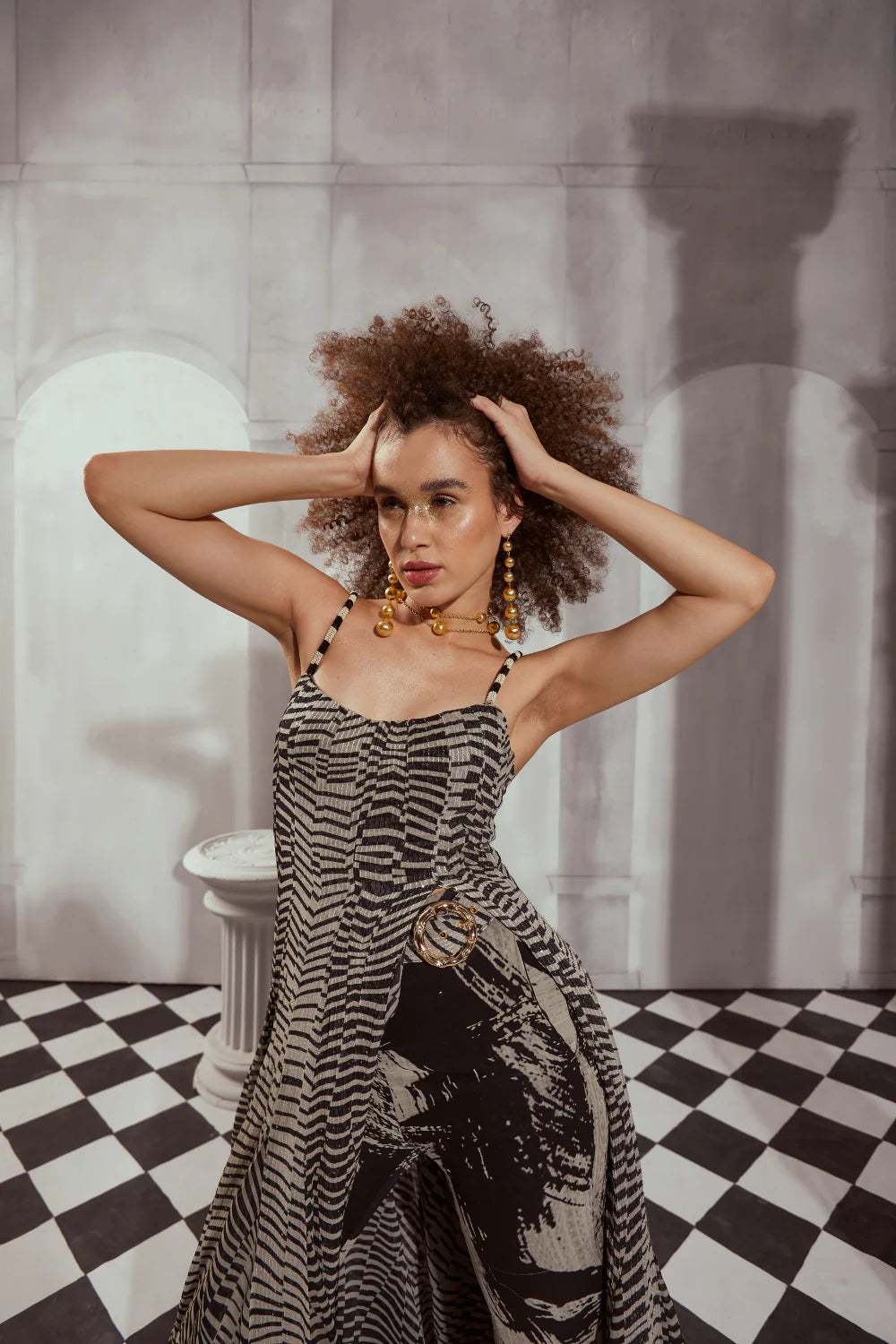 Black & White Byzantine Print High Slit Dress