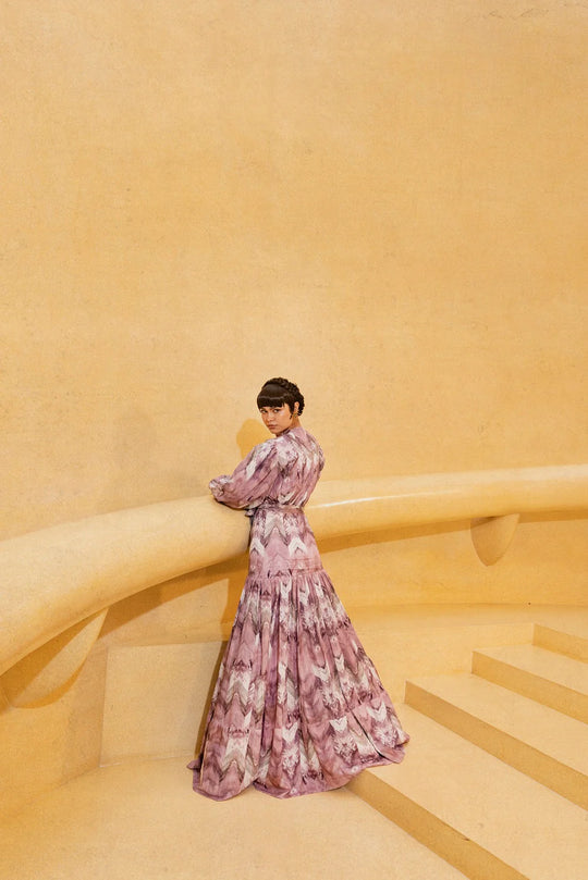 Lilac Floss Print Dress With Slit & Belt