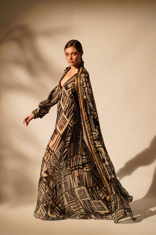 White Base Abstract Print dress With Hand Thread And Wooden Embellishment