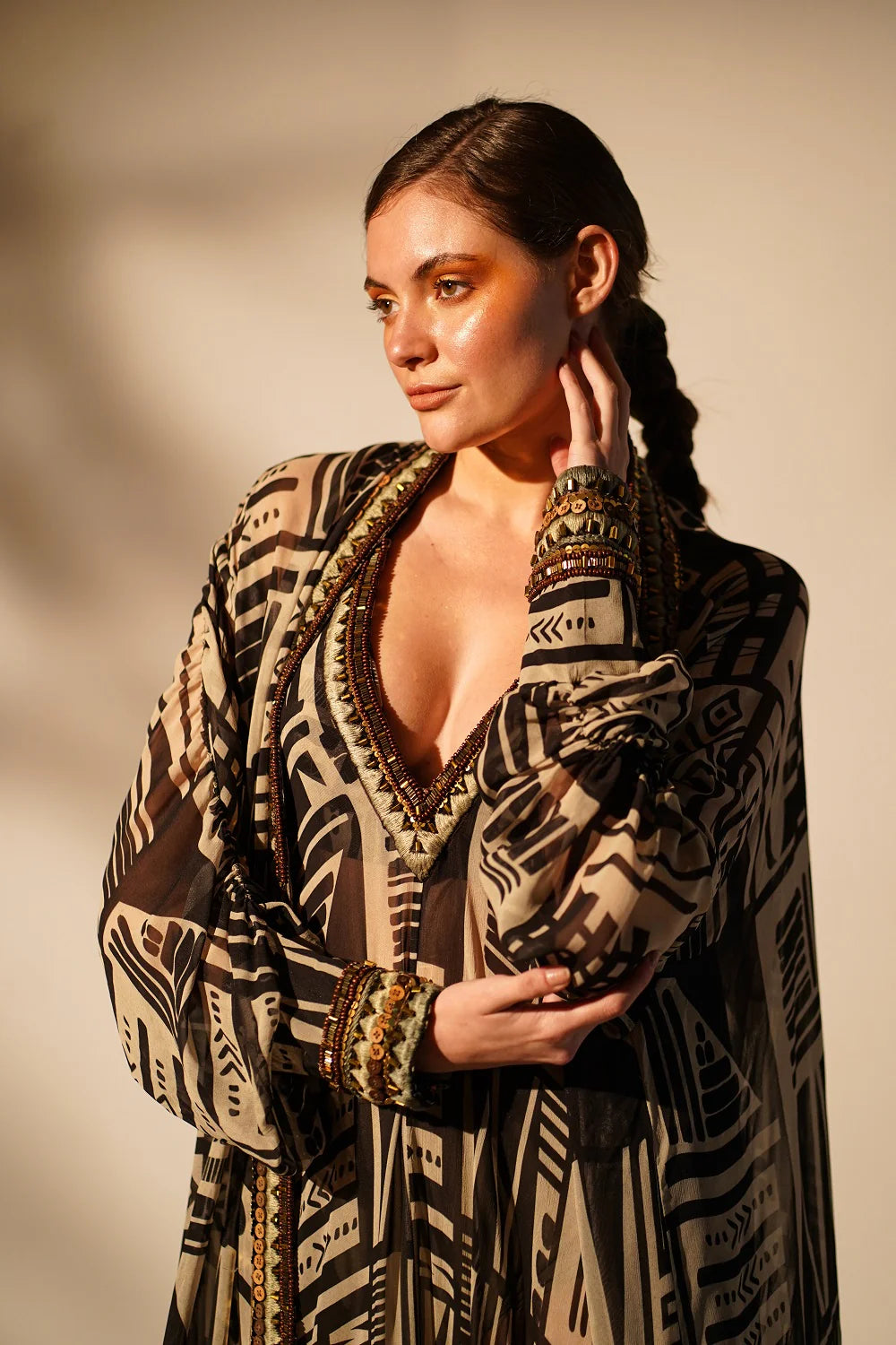 White Base Abstract Print dress With Hand Thread And Wooden Embellishment