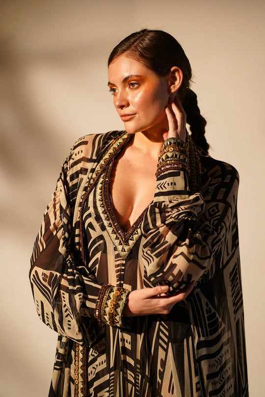 White Base Abstract Print dress With Hand Thread And Wooden Embellishment