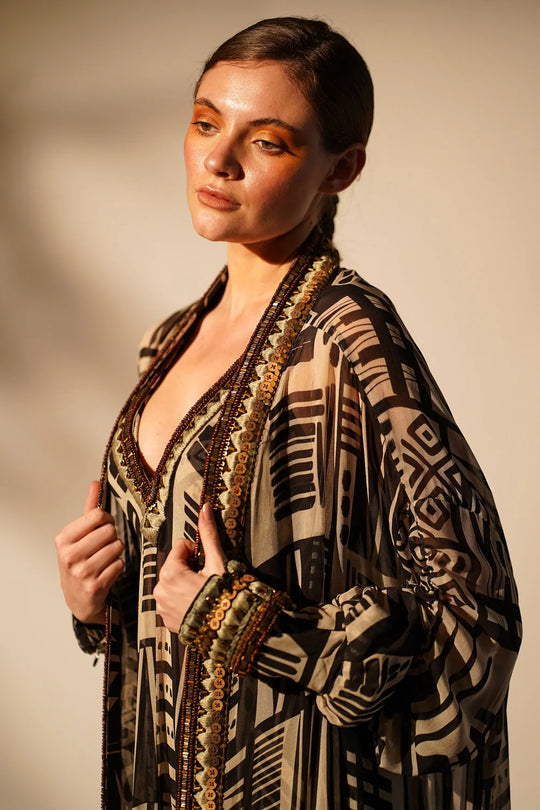 White Base Abstract Print dress With Hand Thread And Wooden Embellishment