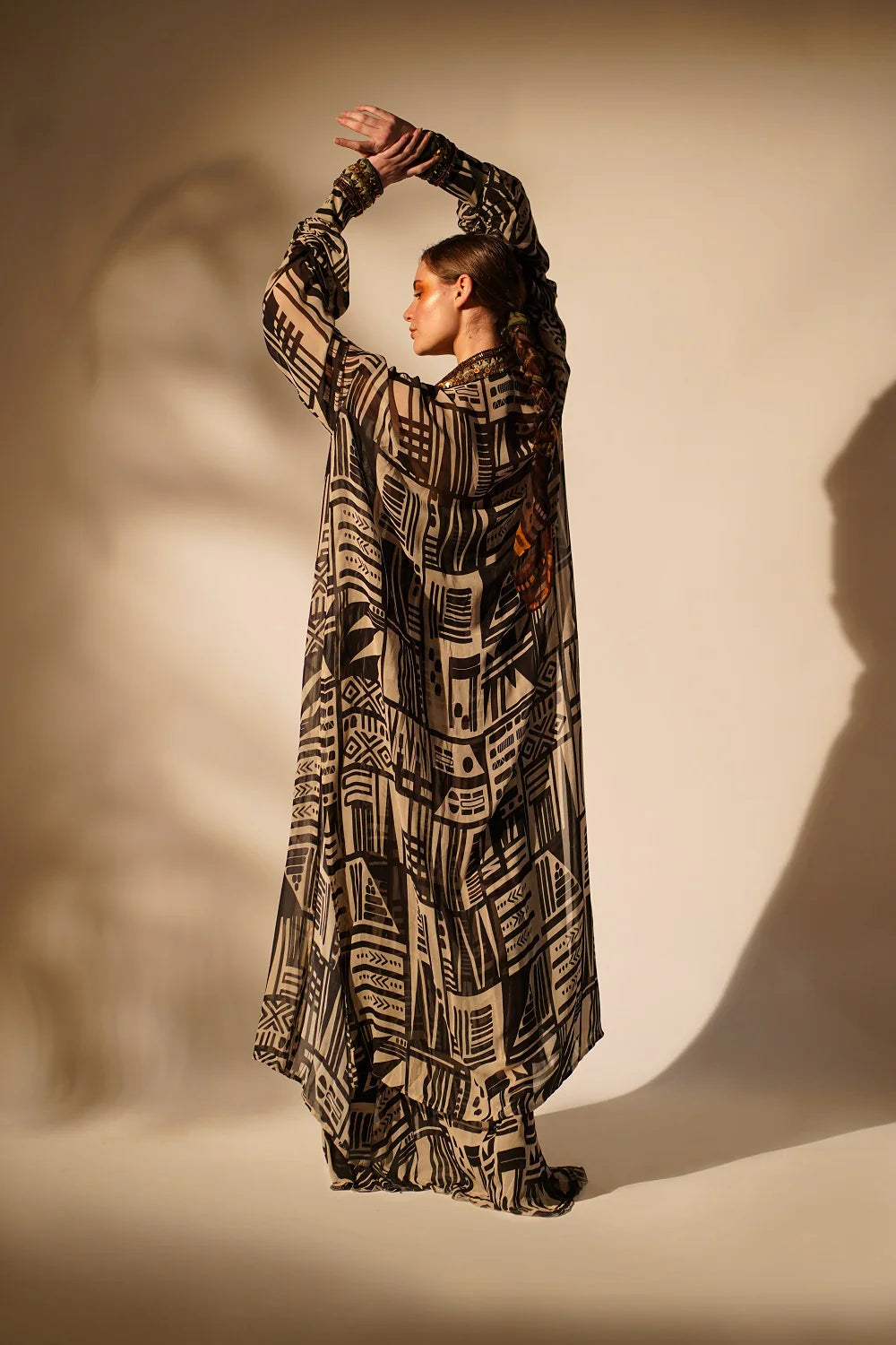 White Base Abstract Print dress With Hand Thread And Wooden Embellishment