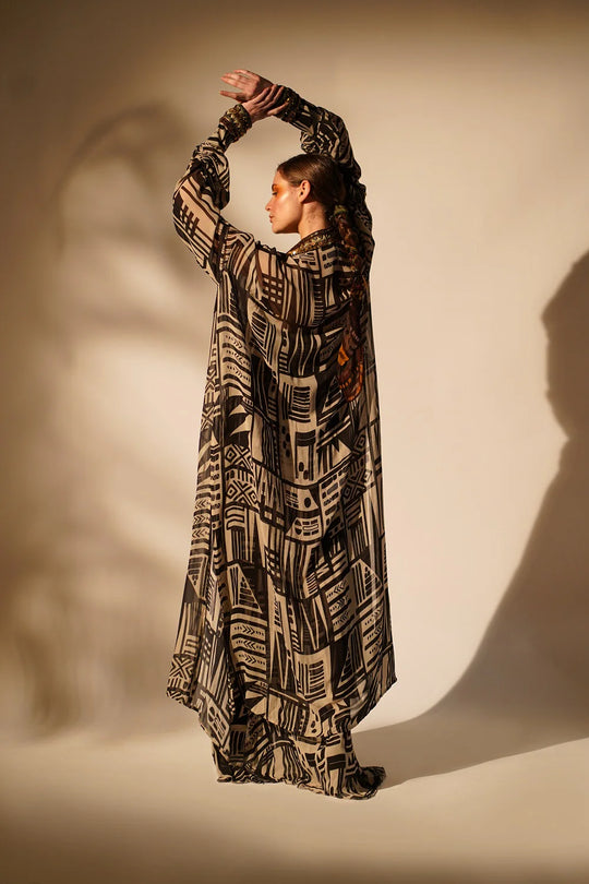 White Base Abstract Print dress With Hand Thread And Wooden Embellishment