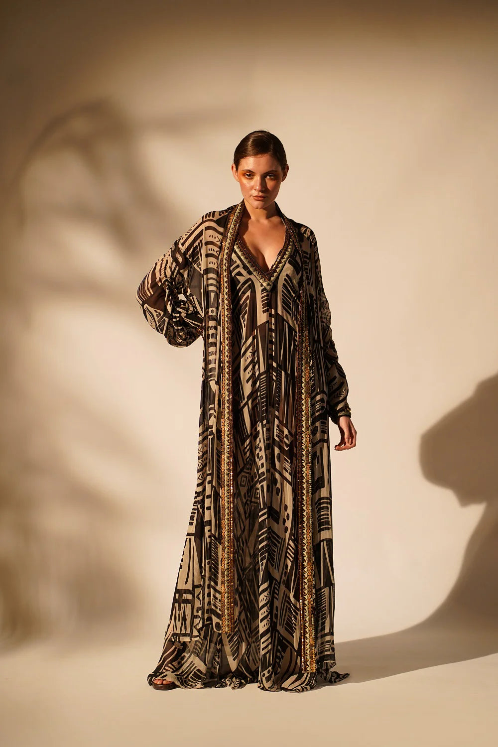 White Base Abstract Print dress With Hand Thread And Wooden Embellishment