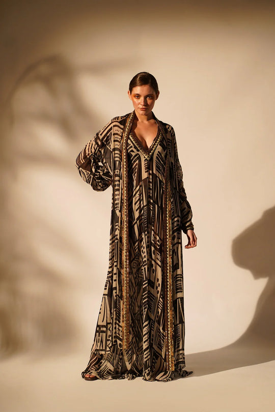 White Base Abstract Print dress With Hand Thread And Wooden Embellishment