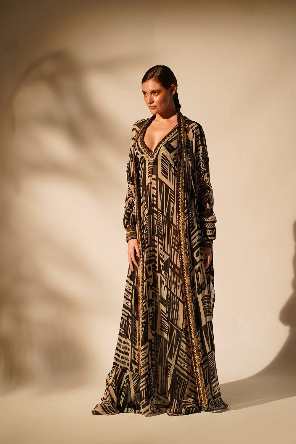 White Base Abstract Print dress With Hand Thread And Wooden Embellishment