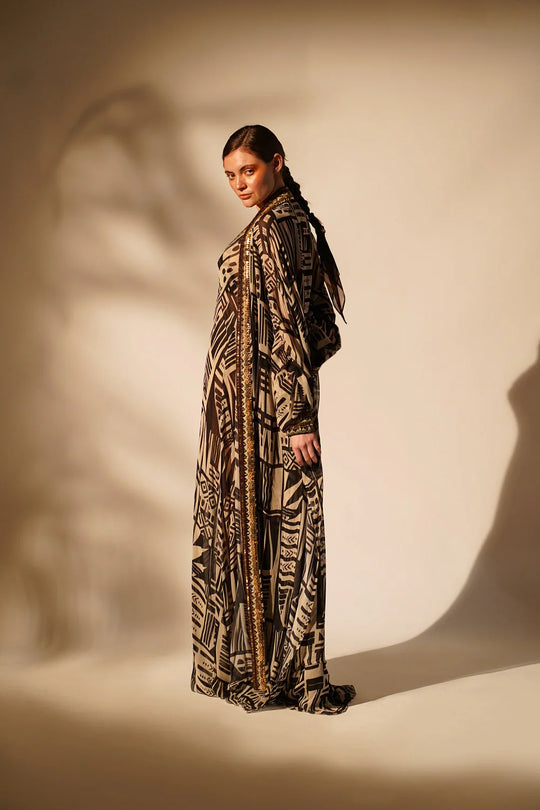 White Base Abstract Print dress With Hand Thread And Wooden Embellishment