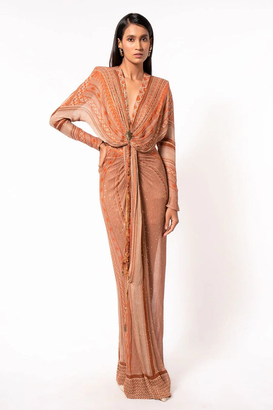 Dark Beige Placement Print Draped Maxi Dress