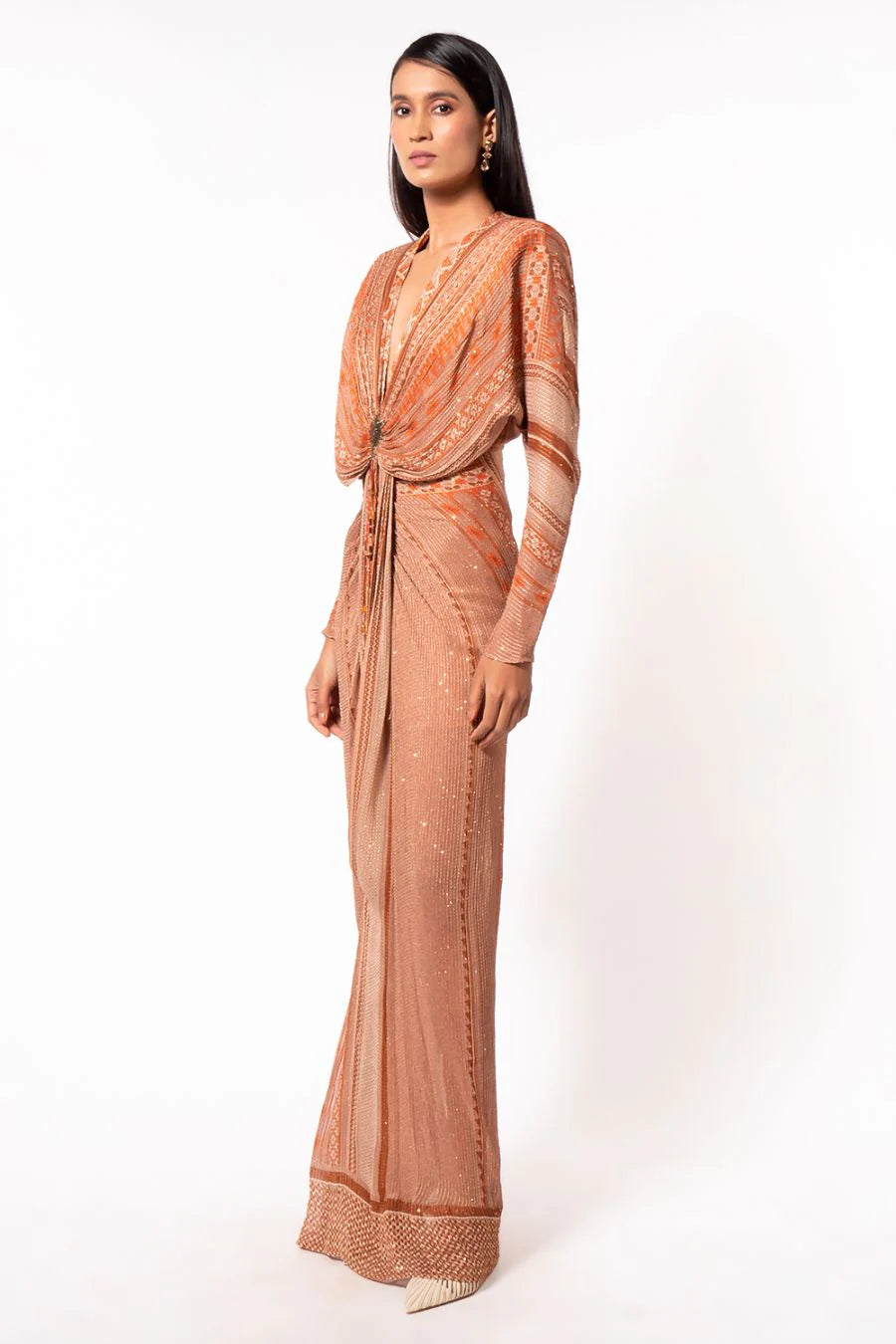 Dark Beige Placement Print Draped Maxi Dress