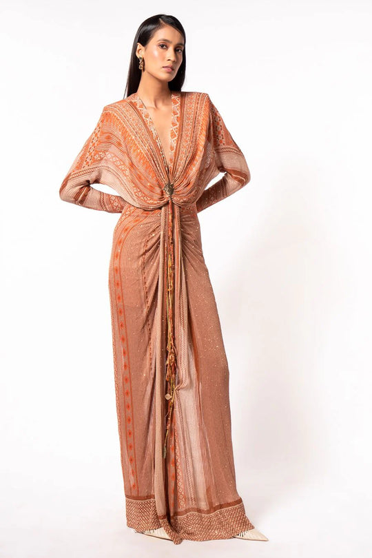 Dark Beige Placement Print Draped Maxi Dress