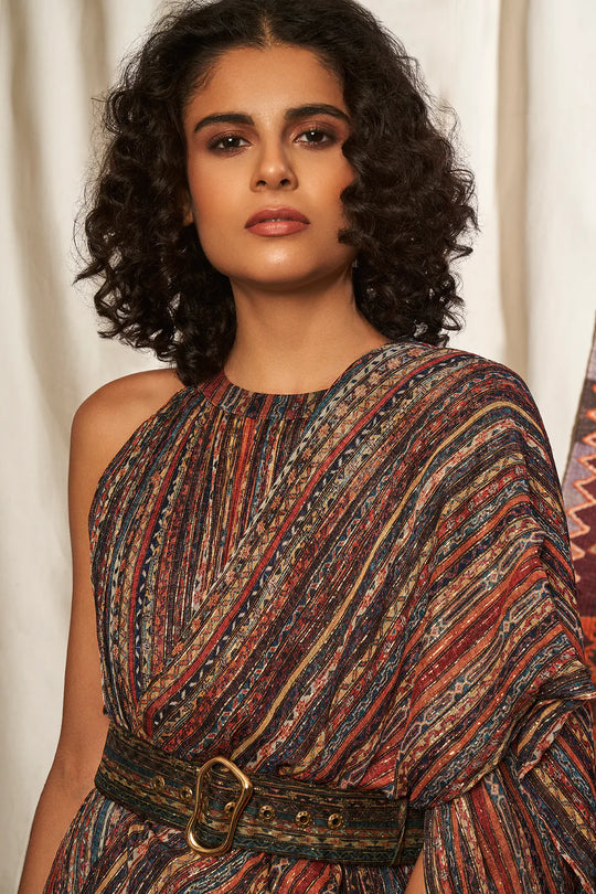 Stripes Print Saree Maxi Dress With Belt