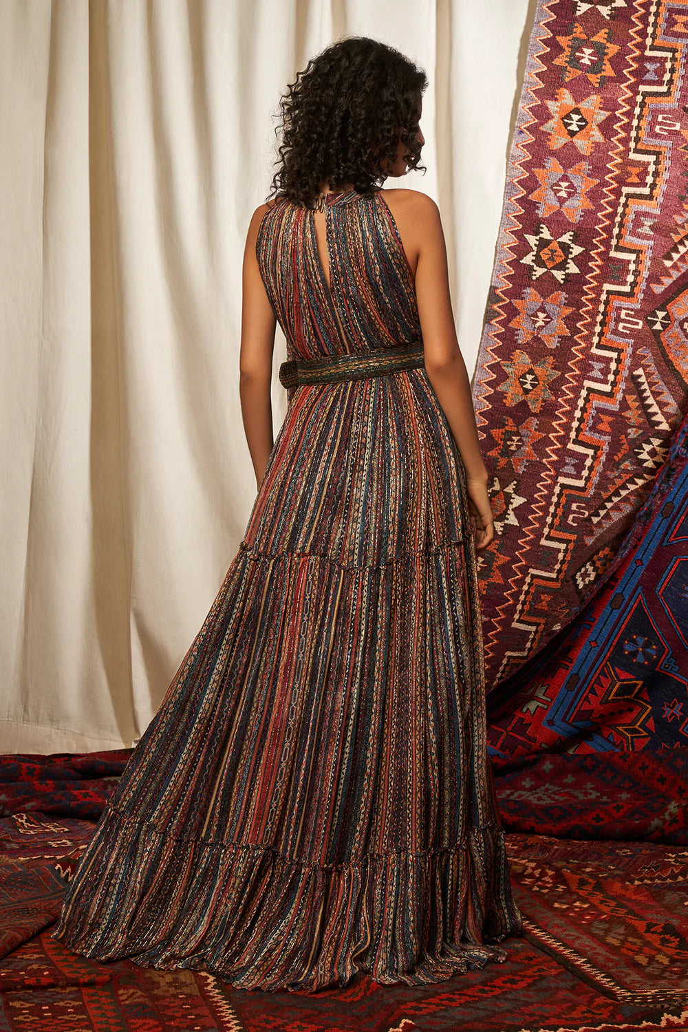 Stripes Print Saree Maxi Dress With Belt