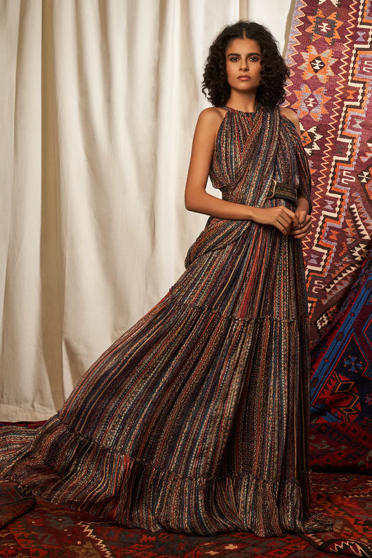 Stripes Print Saree Maxi Dress With Belt